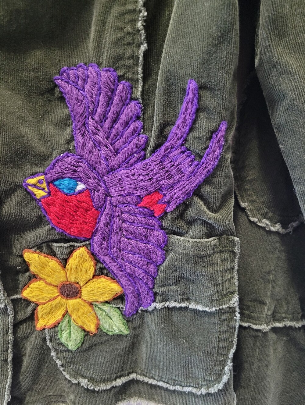 JoyStick Johnny Was Olive Green Corduroy Blazer Embroidered Birds Flowers Boho L - Picture 3 of 12